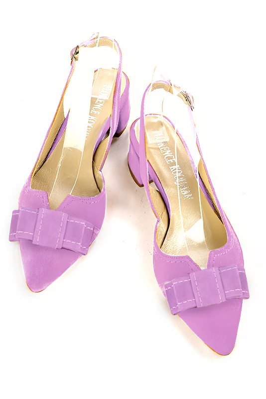 Mauve purple women's open back shoes, with a knot. Tapered toe. Low flare heels. Top view - Florence KOOIJMAN